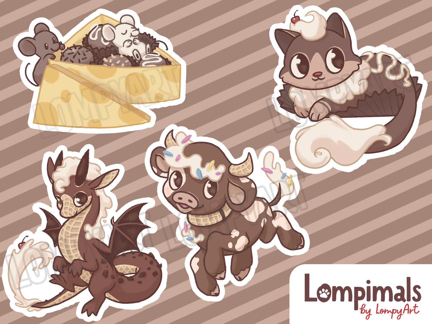 The full art of four chocolate-themed animal designs are displayed: cow, cat, dragon, and mice . In the bottom right corner reads "Lompimals by LompyArt".