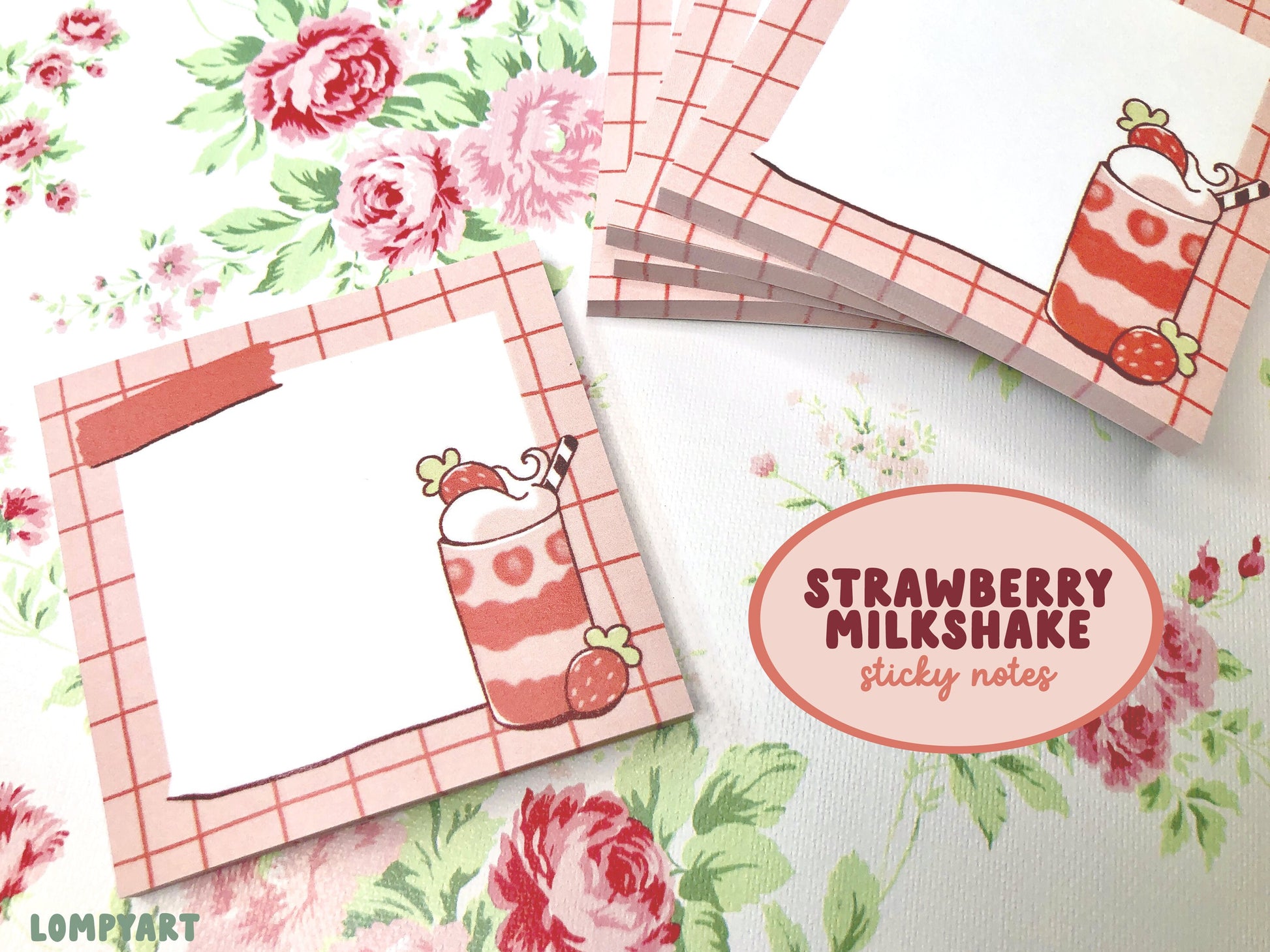 Strawberry Milkshake sticky notes (aesthetic fruit dessert memo pad, stickynotes, notepad, post it notes)