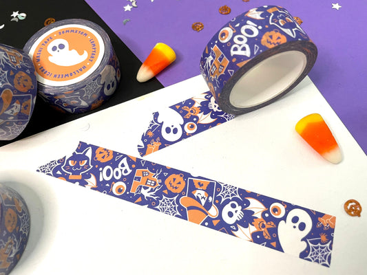Halloween Washi Tape / Cute spooky character illustration art purple orange cat bat witch haunted house pumpkin ghost spider gift
