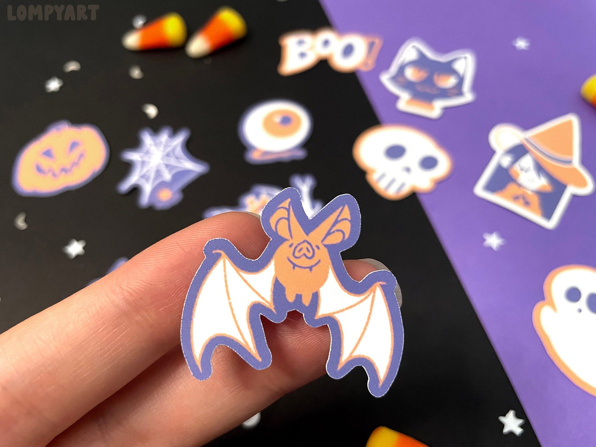 Halloween Sticker Set / Cute spooky character illustration hand drawn art purple orange cat bat witch haunted house pumpkin ghost spider