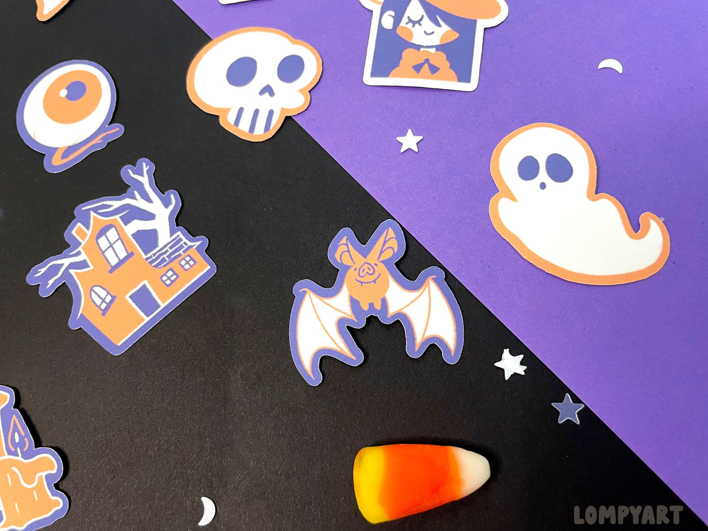 Halloween Sticker Set / Cute spooky character illustration hand drawn art purple orange cat bat witch haunted house pumpkin ghost spider