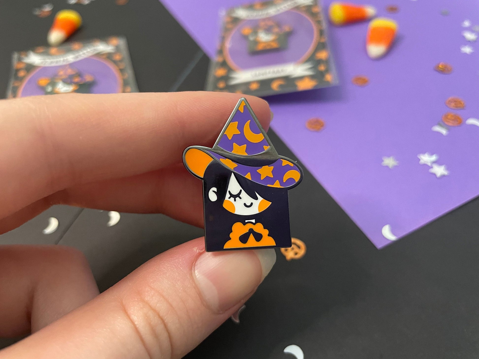 Halloween Witch Enamel Pin (1.25 in) Cute spooky character metal badge black purple orange