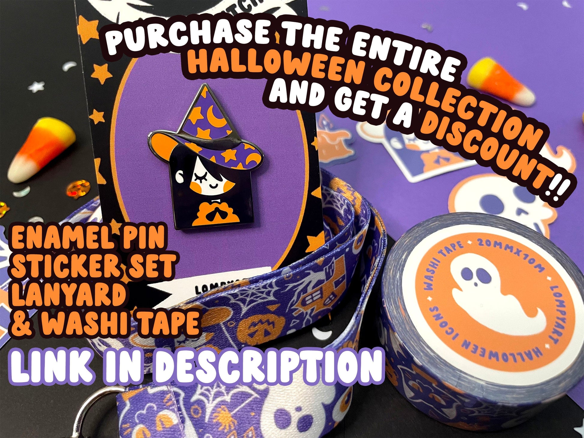 Halloween Washi Tape / Cute spooky character illustration art purple orange cat bat witch haunted house pumpkin ghost spider gift