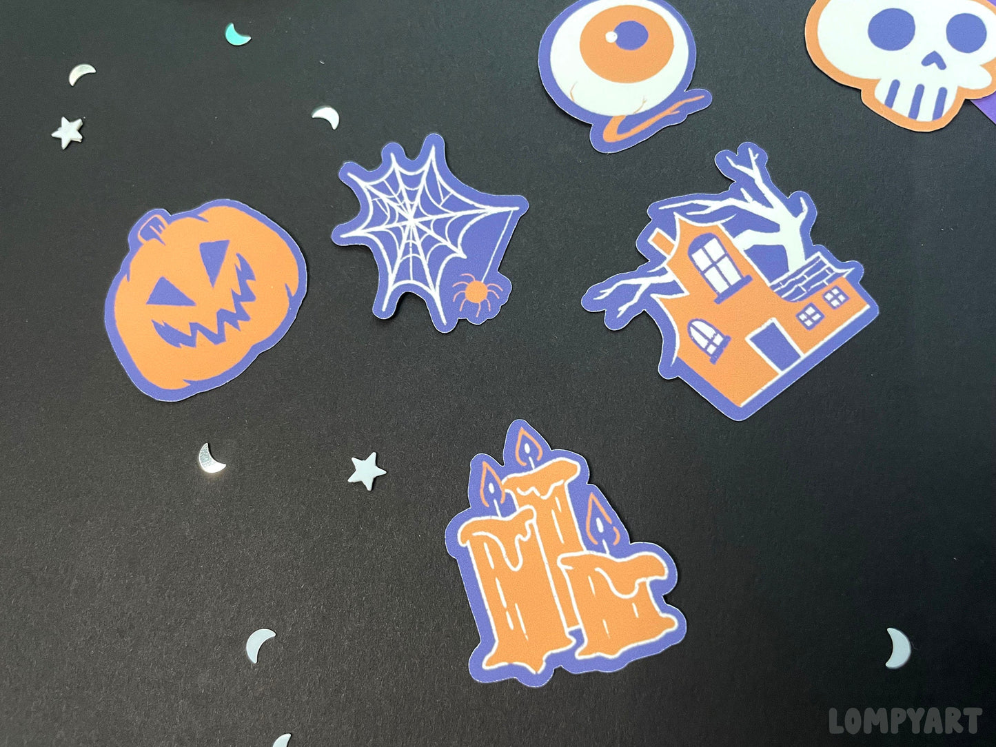Halloween Sticker Set / Cute spooky character illustration hand drawn art purple orange cat bat witch haunted house pumpkin ghost spider