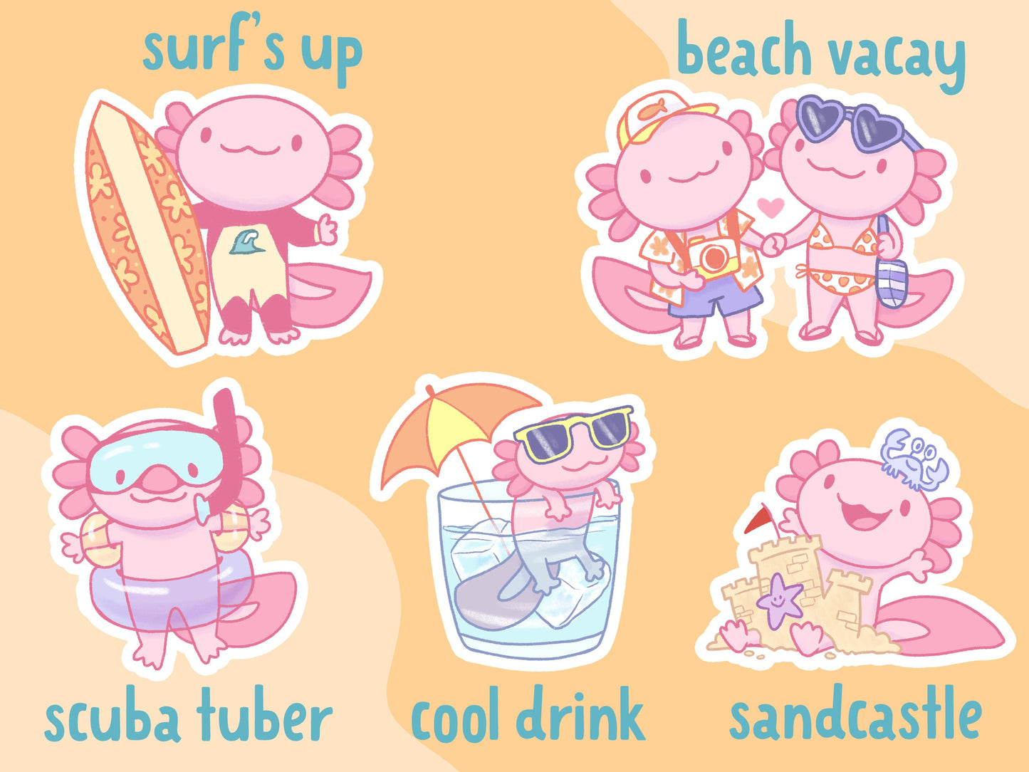 Axolotl Sticker Set / kawaii summer themed stickers for laptop, water bottle, pool party, beach party, summer vacation
