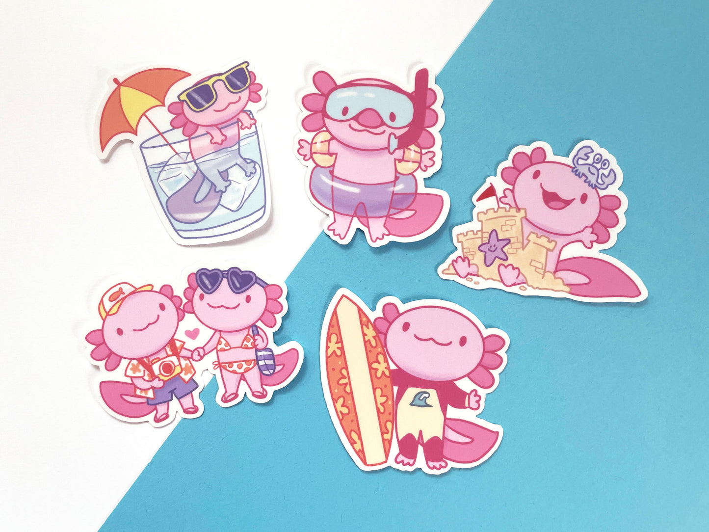 Axolotl Sticker Set / kawaii summer themed stickers for laptop, water bottle, pool party, beach party, summer vacation