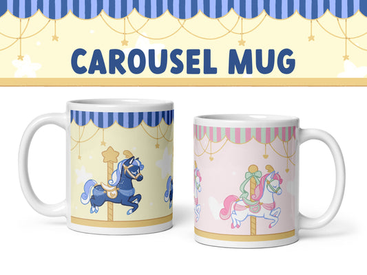 Carousel Horse Mug / hand drawn pony art pattern coffee cup, ponies pastel pink aesthetic starry celestial vintage