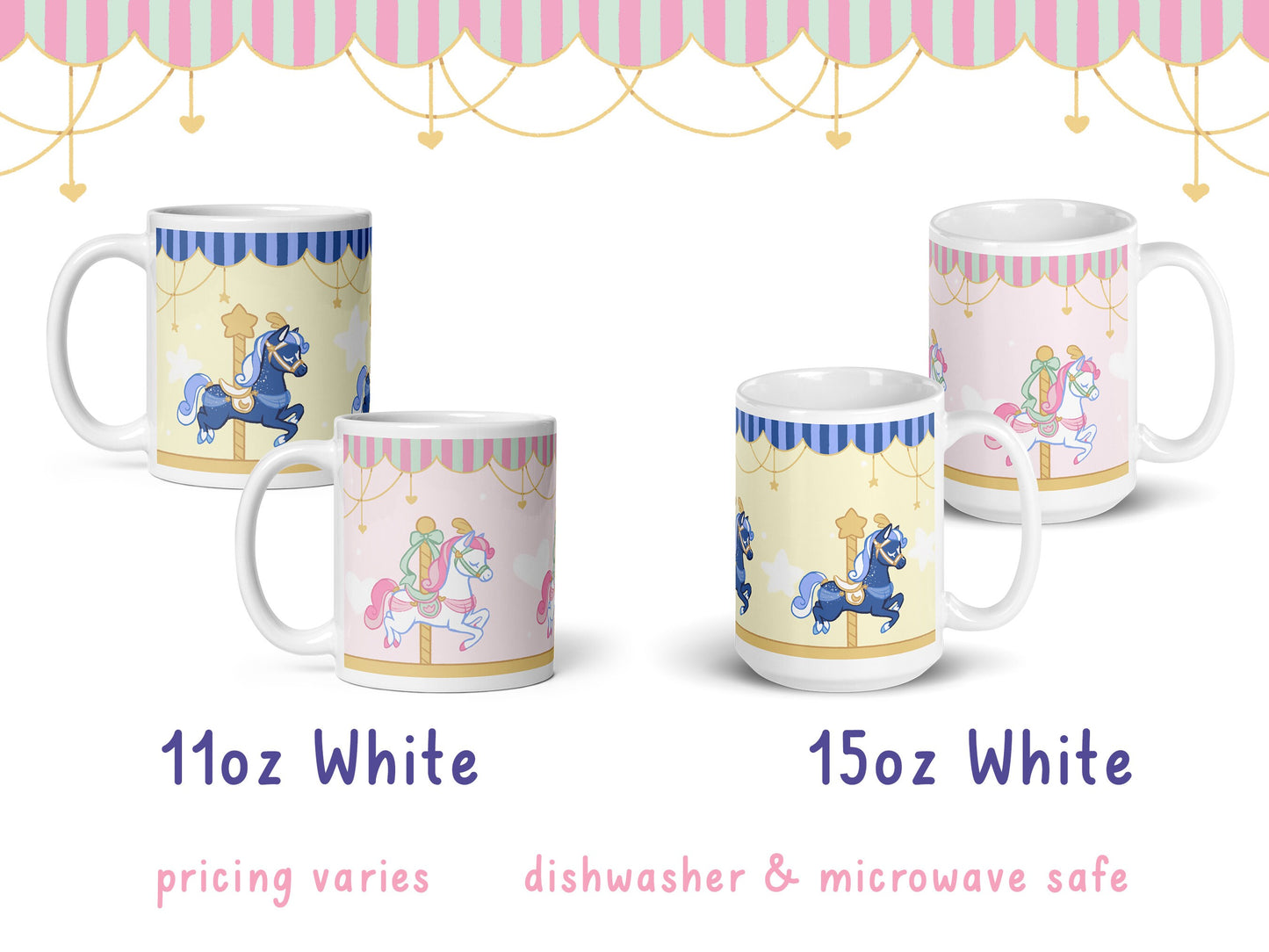Carousel Horse Mug / hand drawn pony art pattern coffee cup, ponies pastel pink aesthetic starry celestial vintage