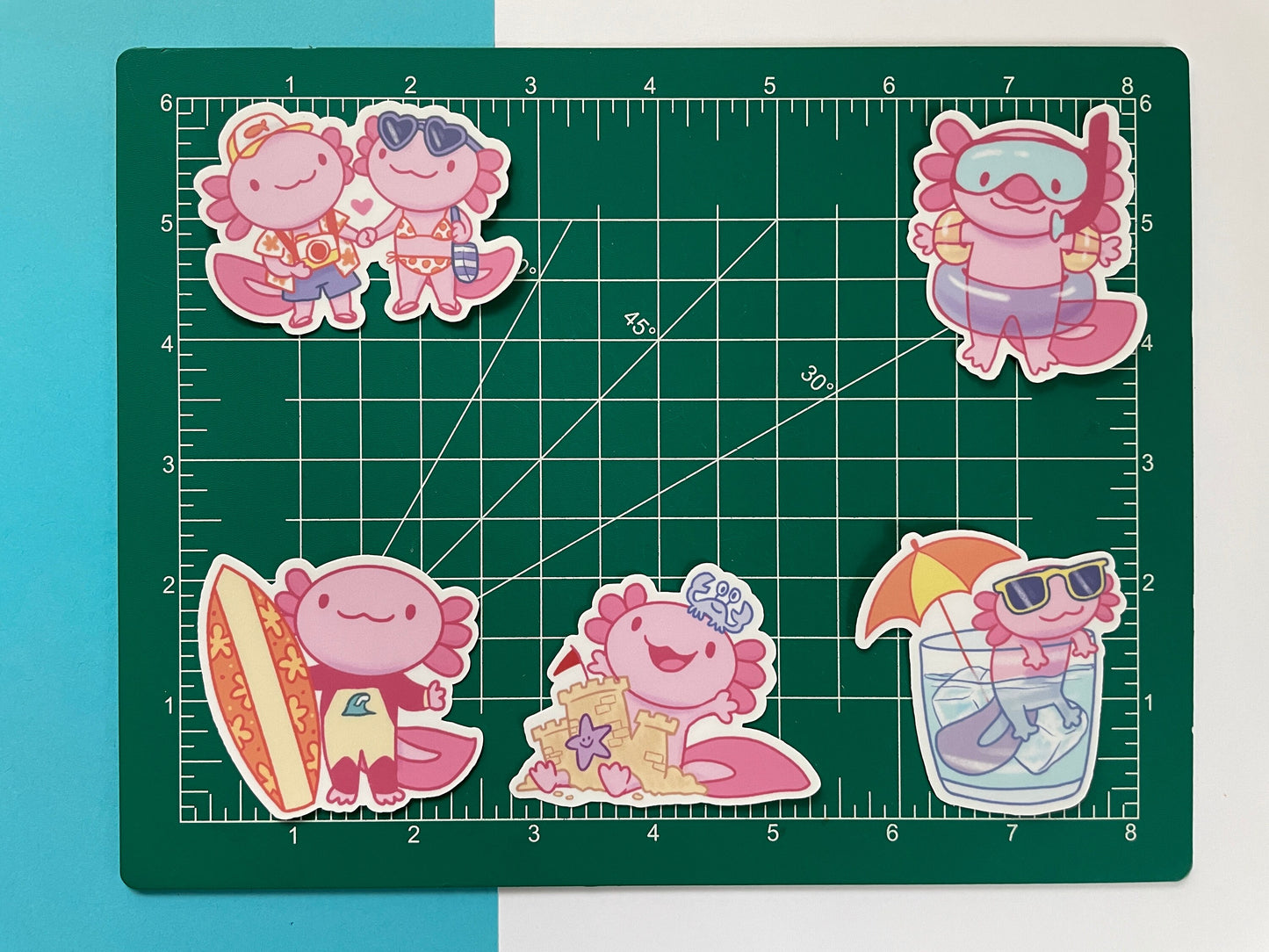 Axolotl Sticker Set / kawaii summer themed stickers for laptop, water bottle, pool party, beach party, summer vacation