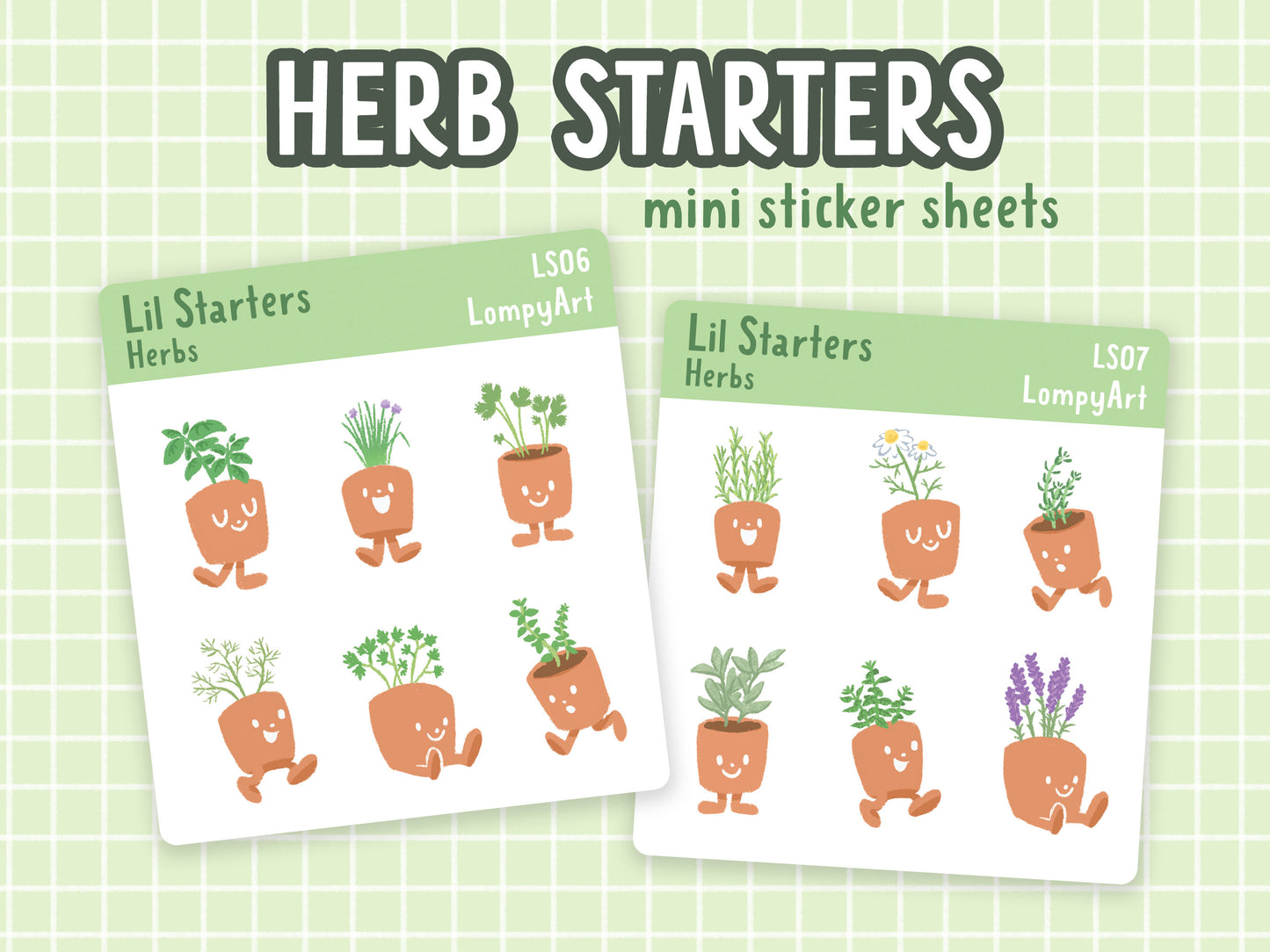 Herb Plant Stickers | Lil Starters | mini sticker sheet plant lover labels gift potted kawaii cute garden sage lavender basil oregano mint