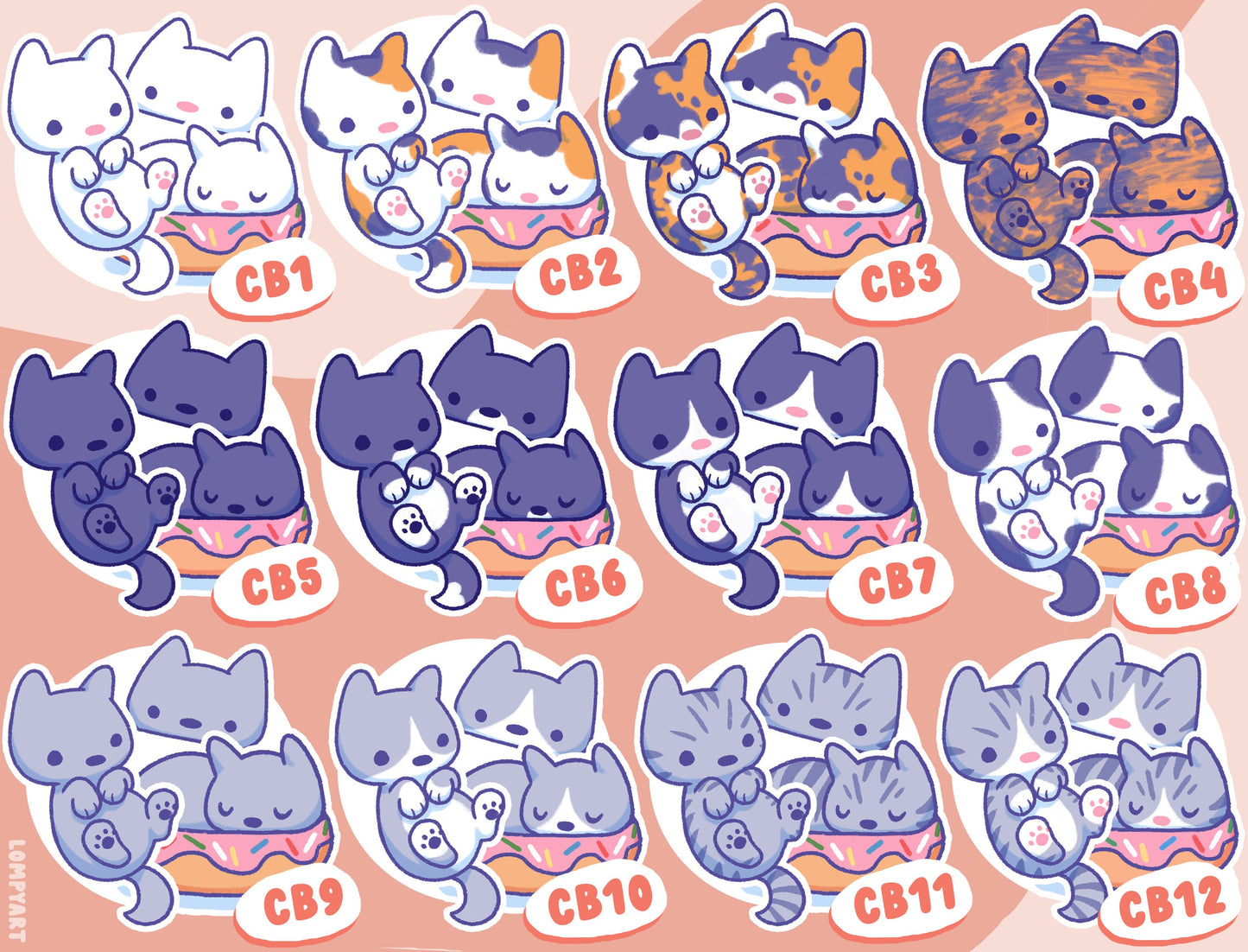 Choose your Cat color! Cat Sticker Pack Custom (23 different breeds, siamese ragdoll tabby tuxedo calico tortie tortoiseshell)