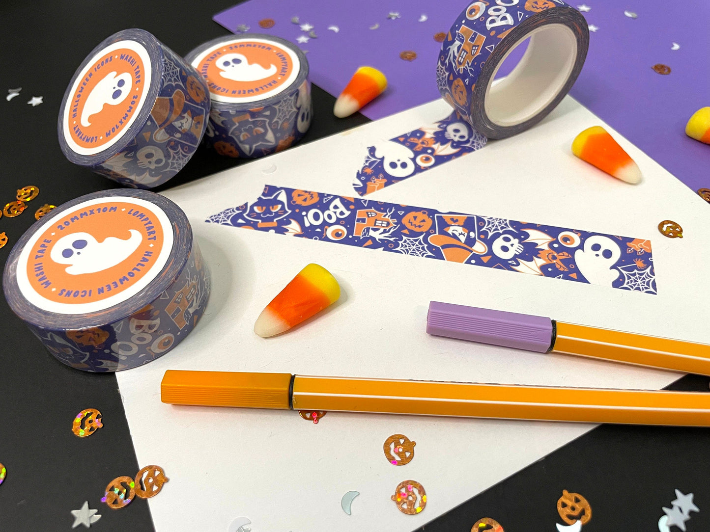 Halloween Washi Tape / Cute spooky character illustration art purple orange cat bat witch haunted house pumpkin ghost spider gift