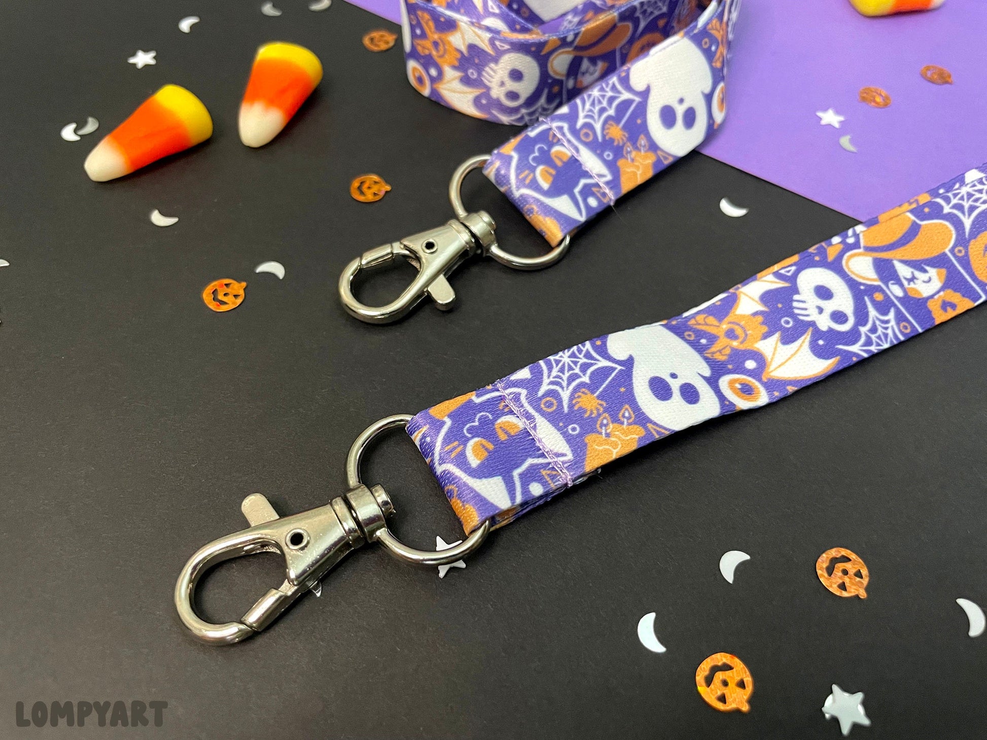 Halloween Lanyard / Cute spooky character illustration art purple orange cat bat witch haunted house pumpkin ghost spider gift