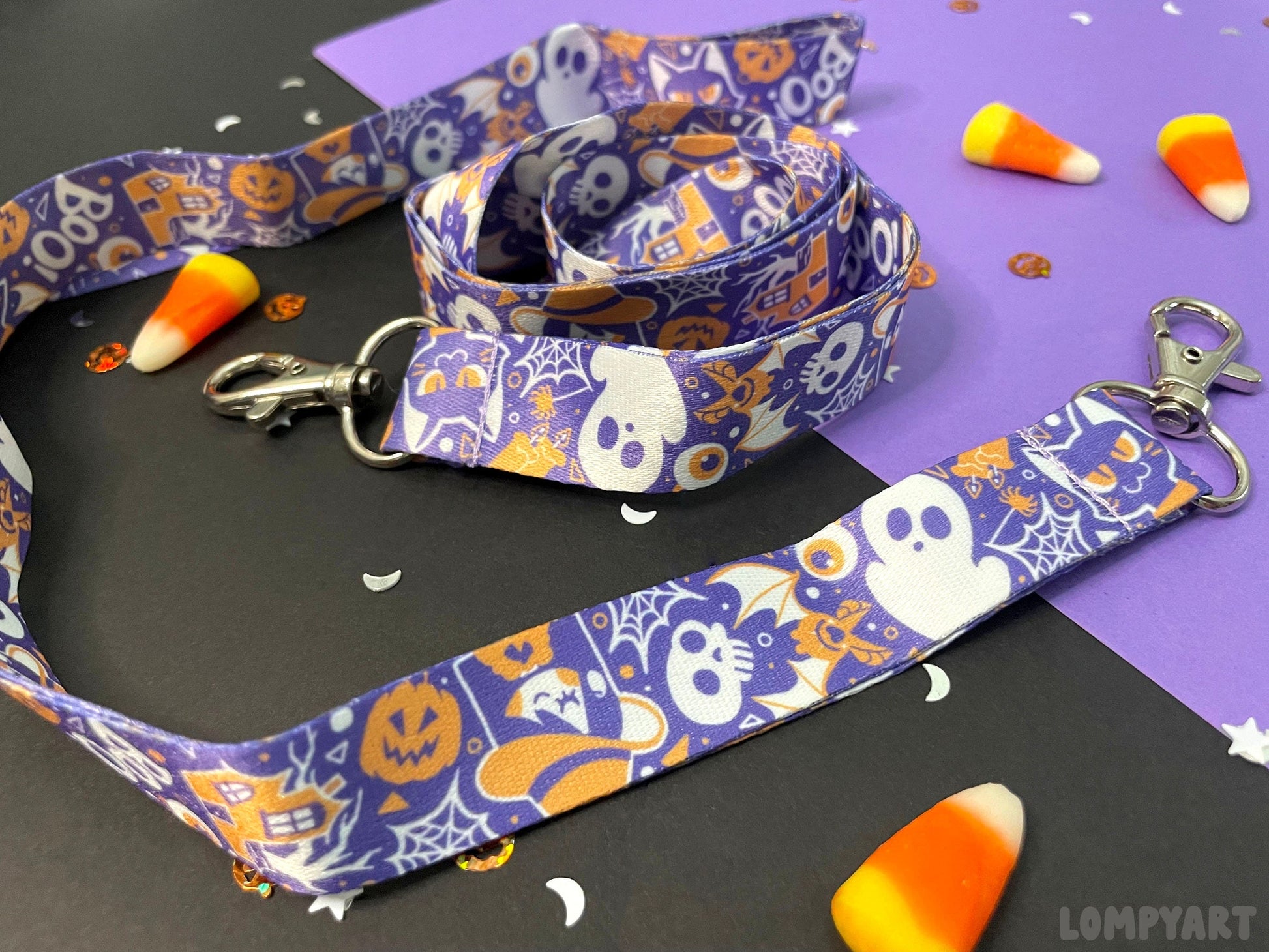 Halloween Lanyard / Cute spooky character illustration art purple orange cat bat witch haunted house pumpkin ghost spider gift