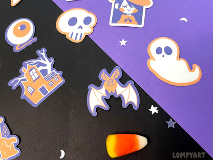 Halloween Sticker Set / Cute spooky character illustration hand drawn art purple orange cat bat witch haunted house pumpkin ghost spider