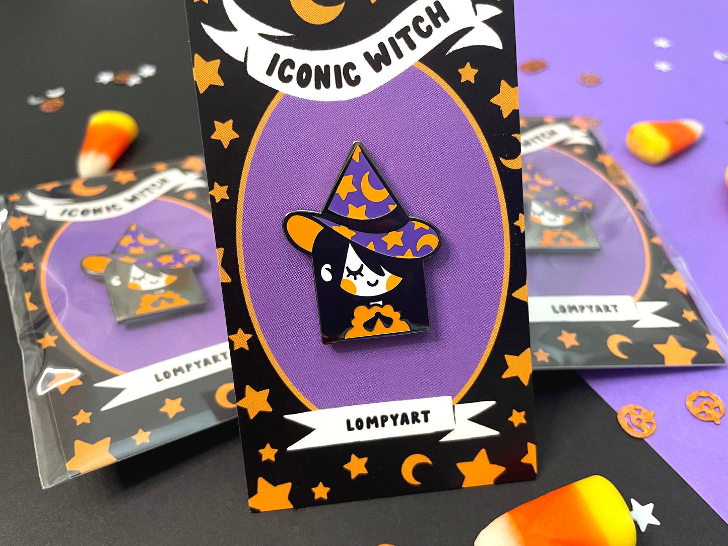 Halloween Witch Enamel Pin (1.25 in) Cute spooky character metal badge black purple orange