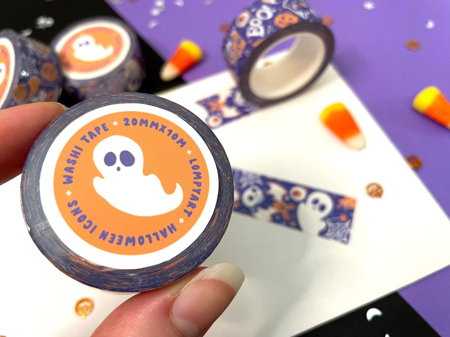 Halloween Washi Tape / Cute spooky character illustration art purple orange cat bat witch haunted house pumpkin ghost spider gift