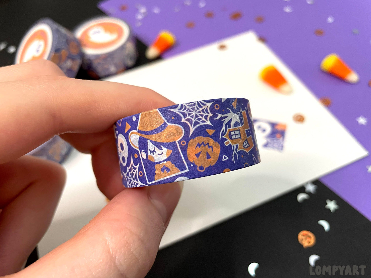 Halloween Washi Tape / Cute spooky character illustration art purple orange cat bat witch haunted house pumpkin ghost spider gift