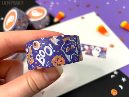 Halloween Washi Tape / Cute spooky character illustration art purple orange cat bat witch haunted house pumpkin ghost spider gift