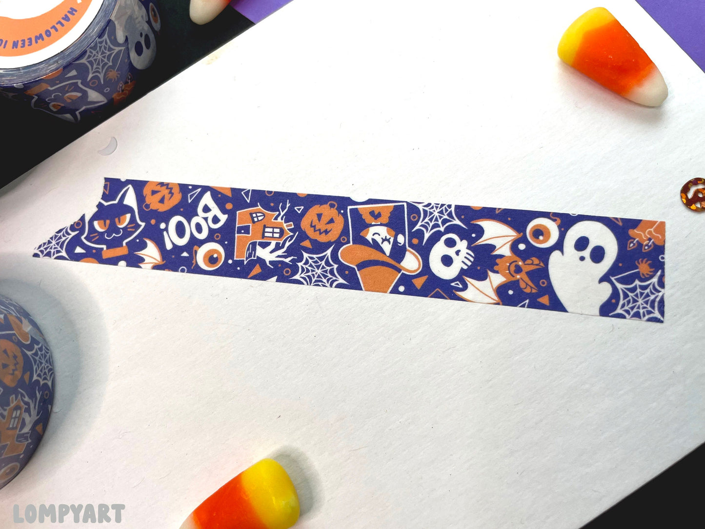 Halloween Washi Tape / Cute spooky character illustration art purple orange cat bat witch haunted house pumpkin ghost spider gift