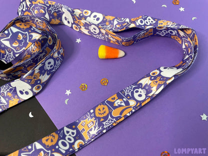 Halloween Lanyard / Cute spooky character illustration art purple orange cat bat witch haunted house pumpkin ghost spider gift
