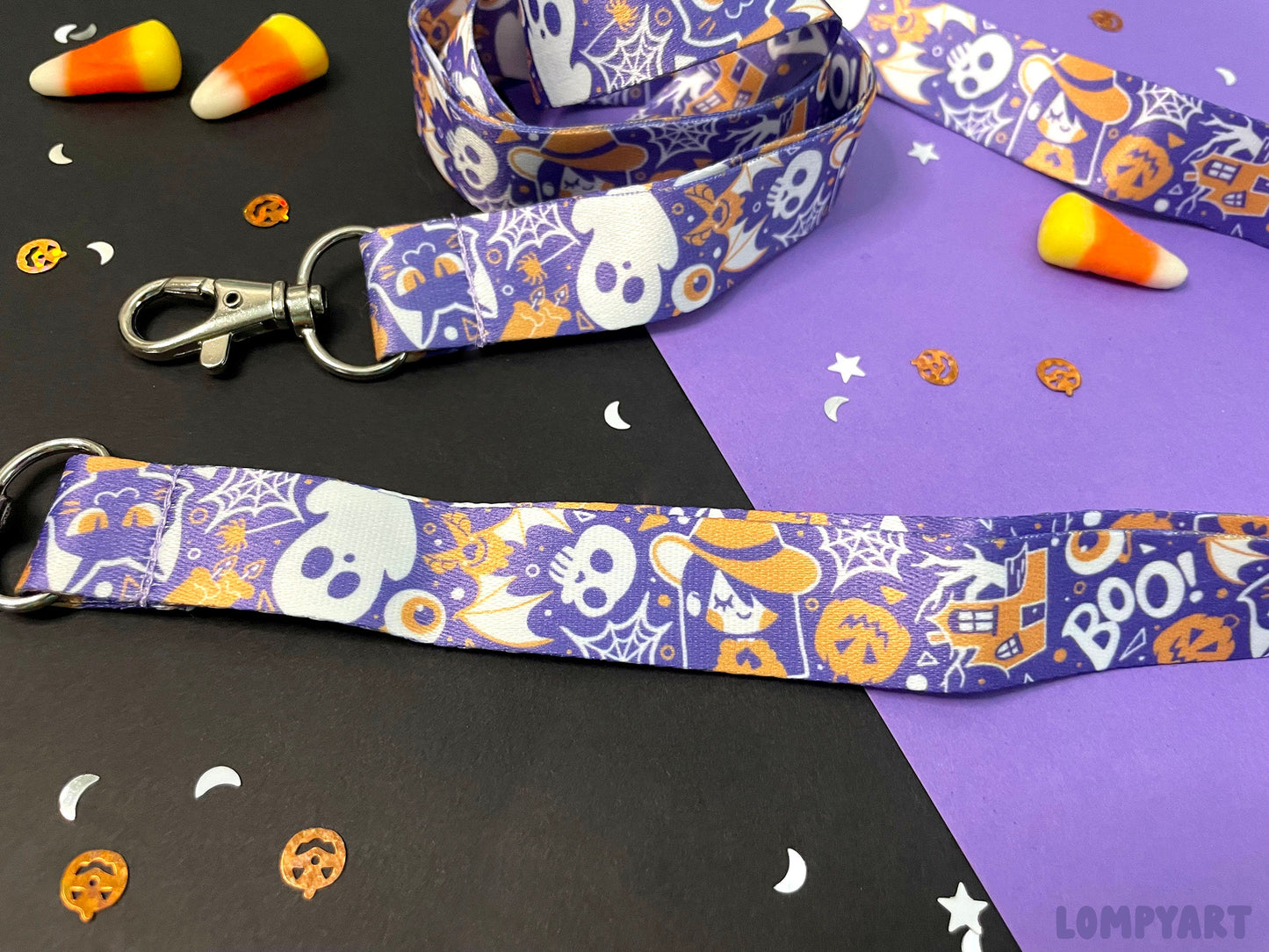 Halloween Lanyard / Cute spooky character illustration art purple orange cat bat witch haunted house pumpkin ghost spider gift