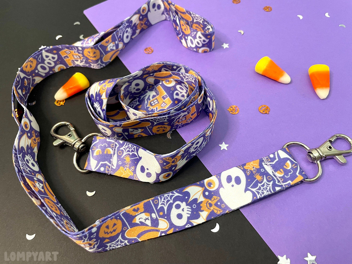 Halloween Lanyard / Cute spooky character illustration art purple orange cat bat witch haunted house pumpkin ghost spider gift