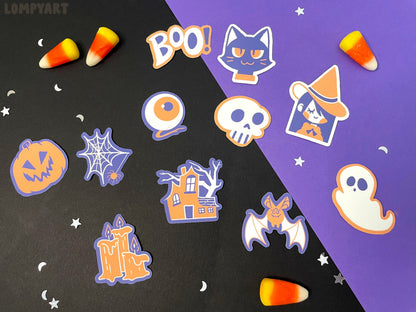 Halloween Sticker Set / Cute spooky character illustration hand drawn art purple orange cat bat witch haunted house pumpkin ghost spider