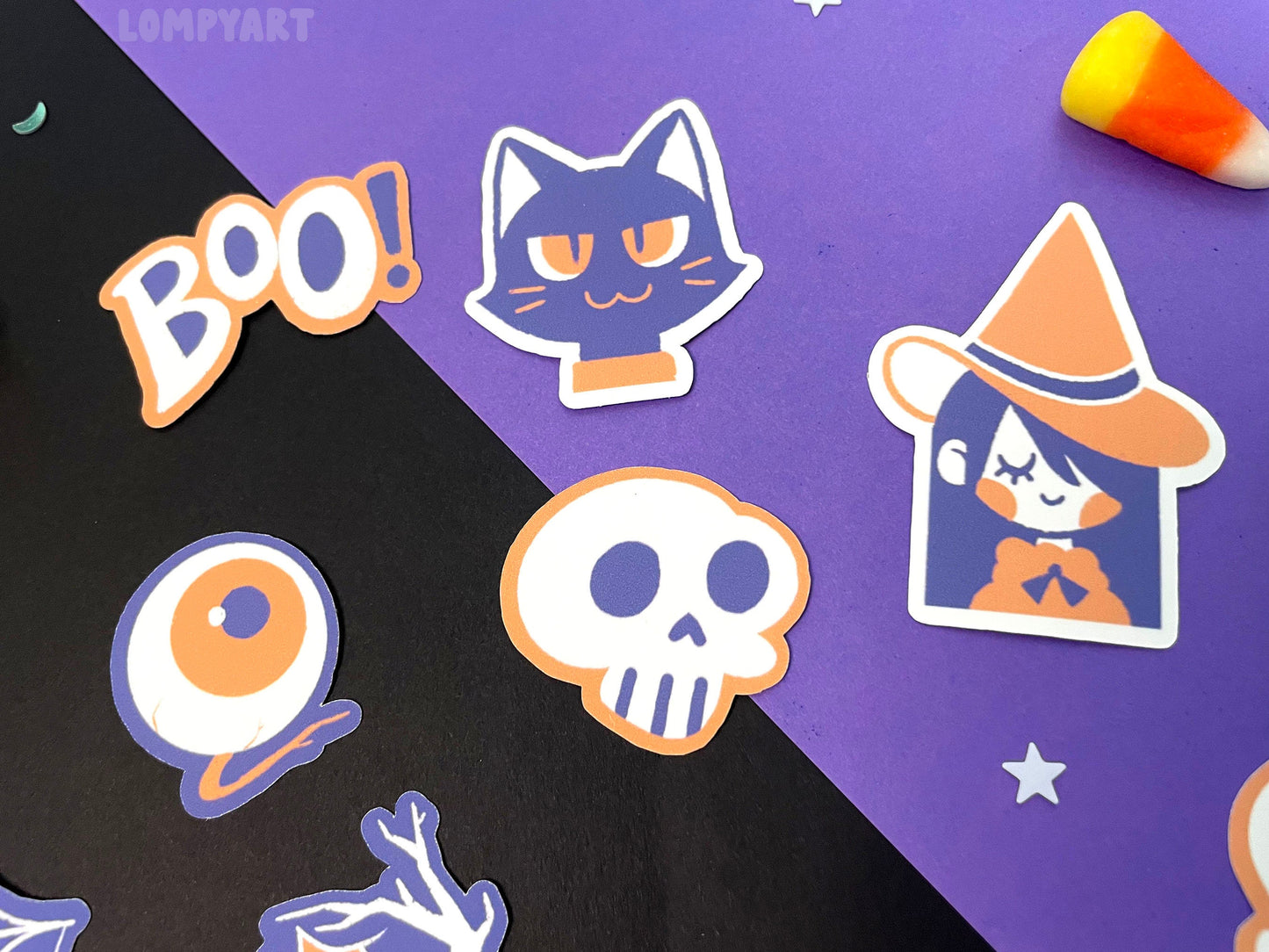 Halloween Sticker Set / Cute spooky character illustration hand drawn art purple orange cat bat witch haunted house pumpkin ghost spider