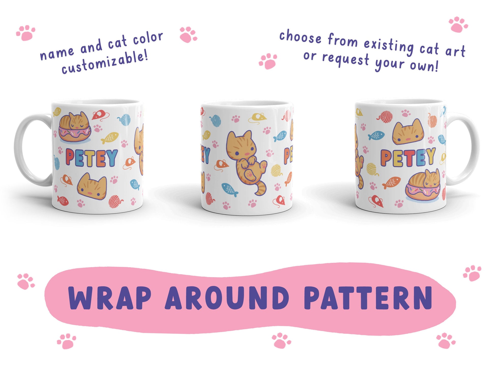 Custom Cat Mug / hand drawn art pattern coffee cup, choose cat breed or custom art for your pet! memorial, birthday present, christmas gift