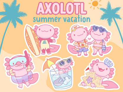 Axolotl Sticker Set / kawaii summer themed stickers for laptop, water bottle, pool party, beach party, summer vacation