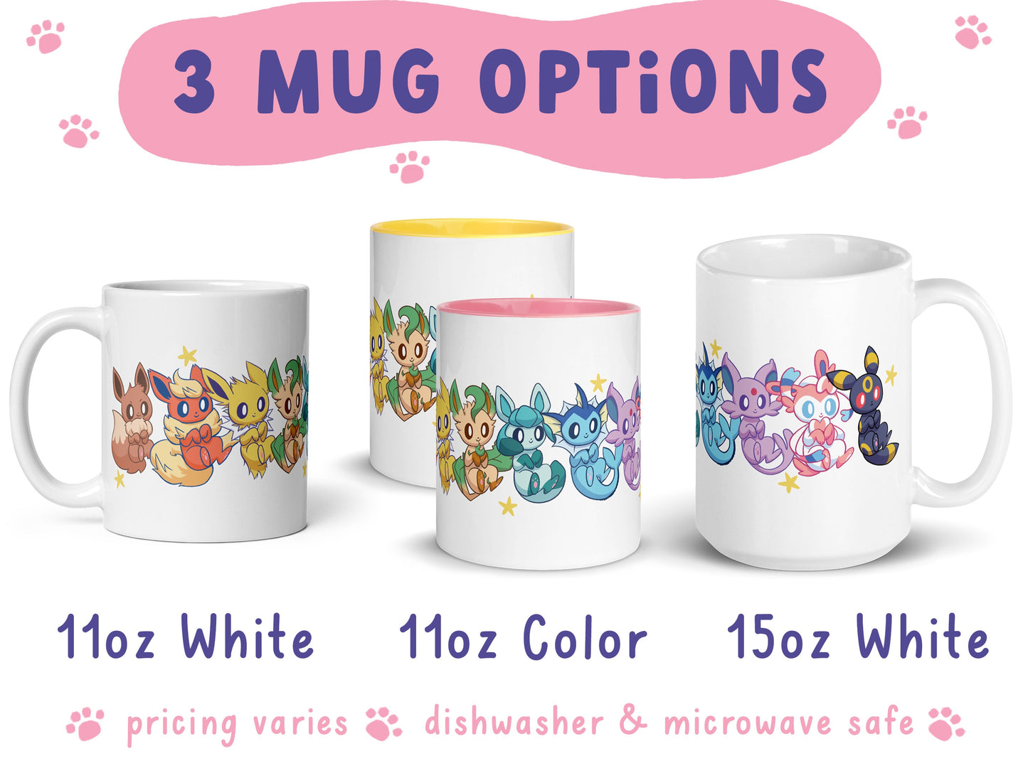 Eeveelutions Mug / hand drawn pokemon art pattern coffee cup, rainbow eevee umbreon sylveon glaceon espeon vaporeon jolteon leafeon flareon