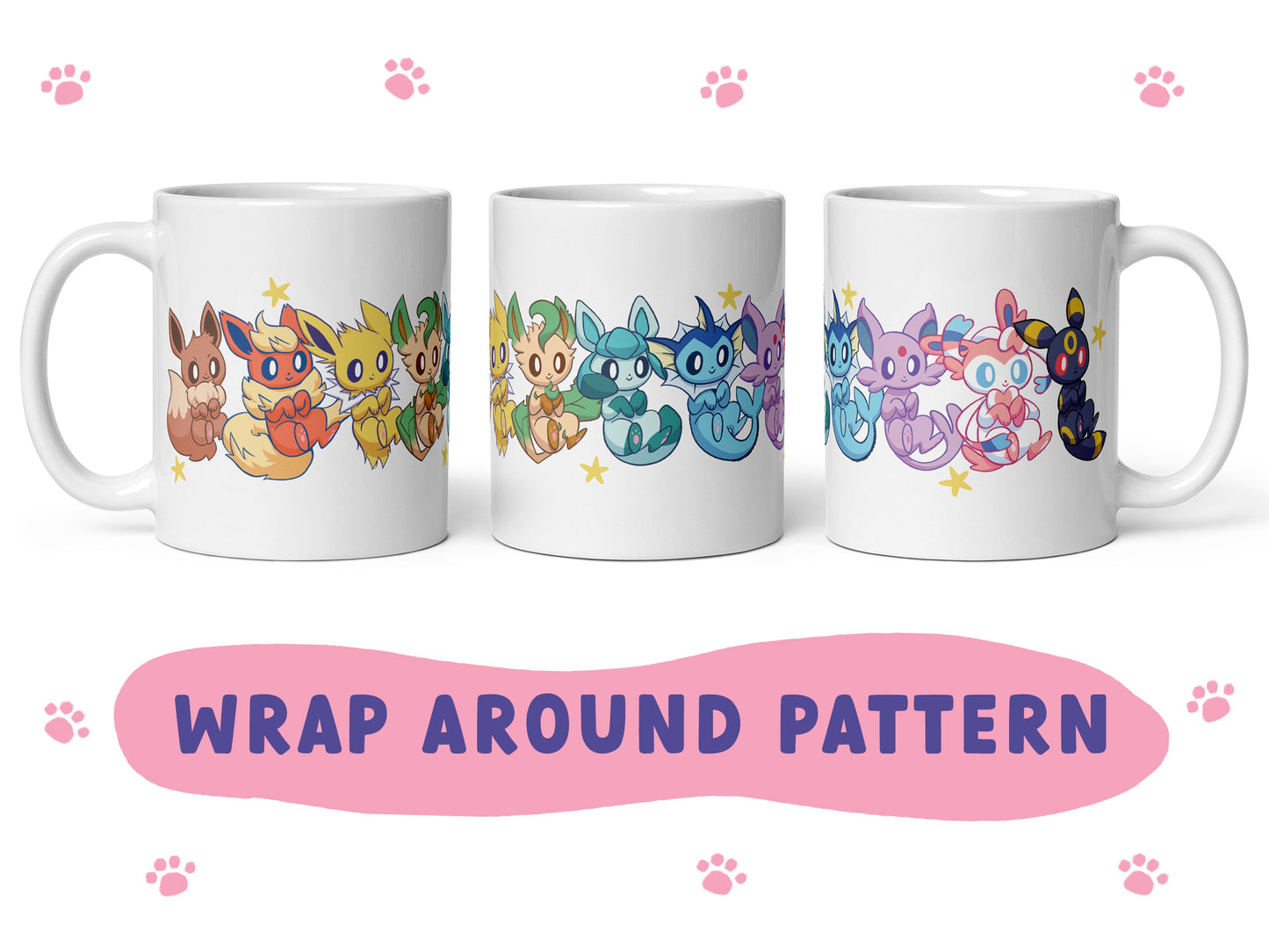 Eeveelutions Mug / hand drawn pokemon art pattern coffee cup, rainbow eevee umbreon sylveon glaceon espeon vaporeon jolteon leafeon flareon