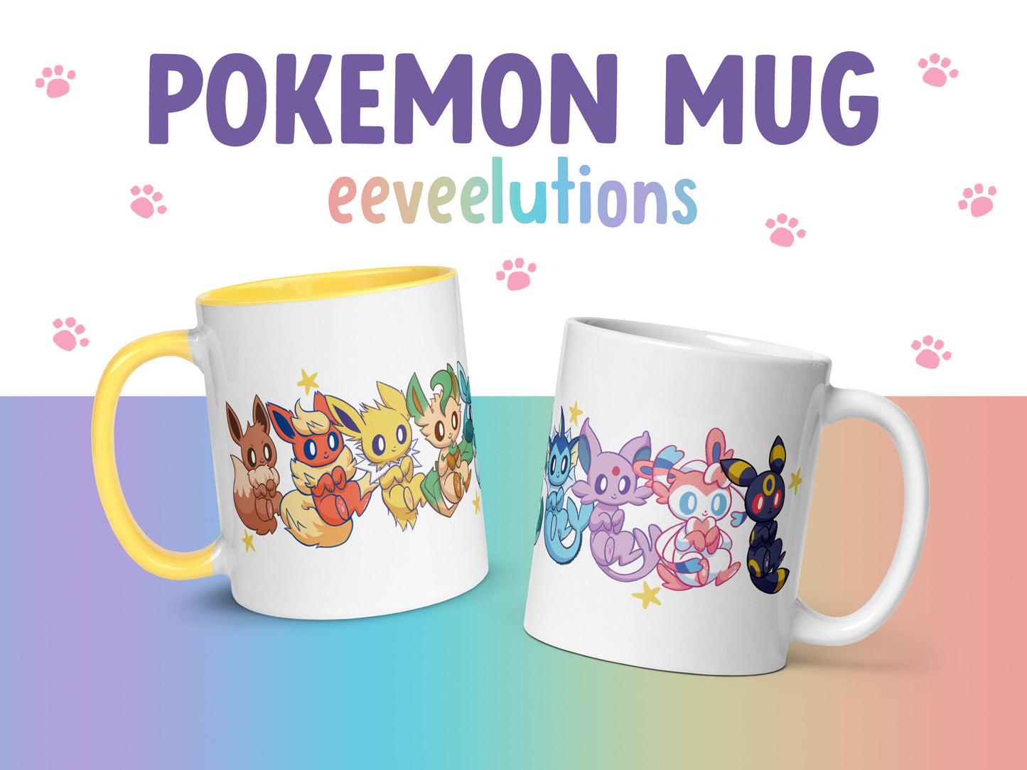 Eeveelutions Mug / hand drawn pokemon art pattern coffee cup, rainbow eevee umbreon sylveon glaceon espeon vaporeon jolteon leafeon flareon