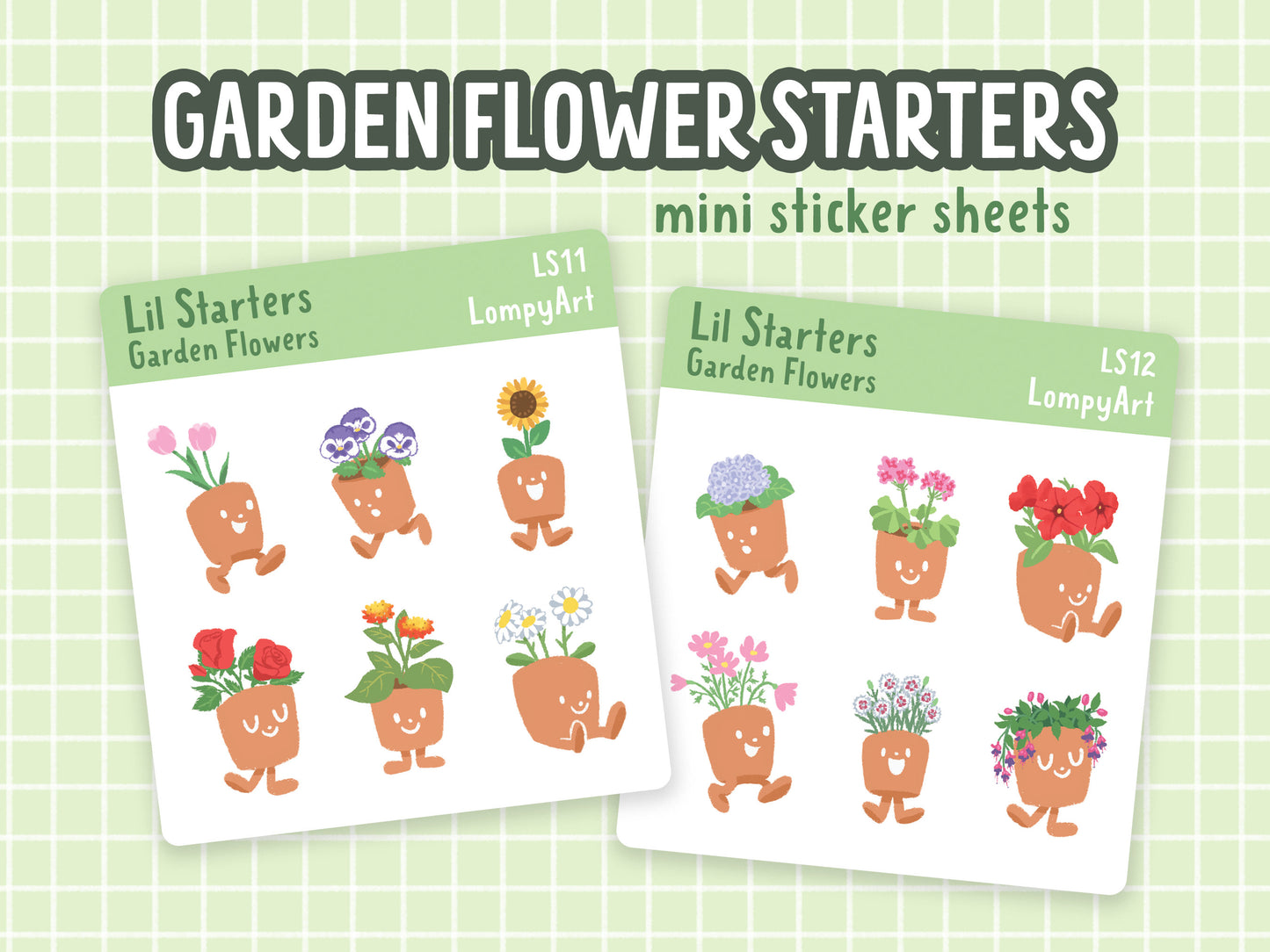 Garden Flower Stickers | Lil Starters | mini sticker sheet plant lover labels gift potted kawaii cute garden tulip daisy rose geranium pansy