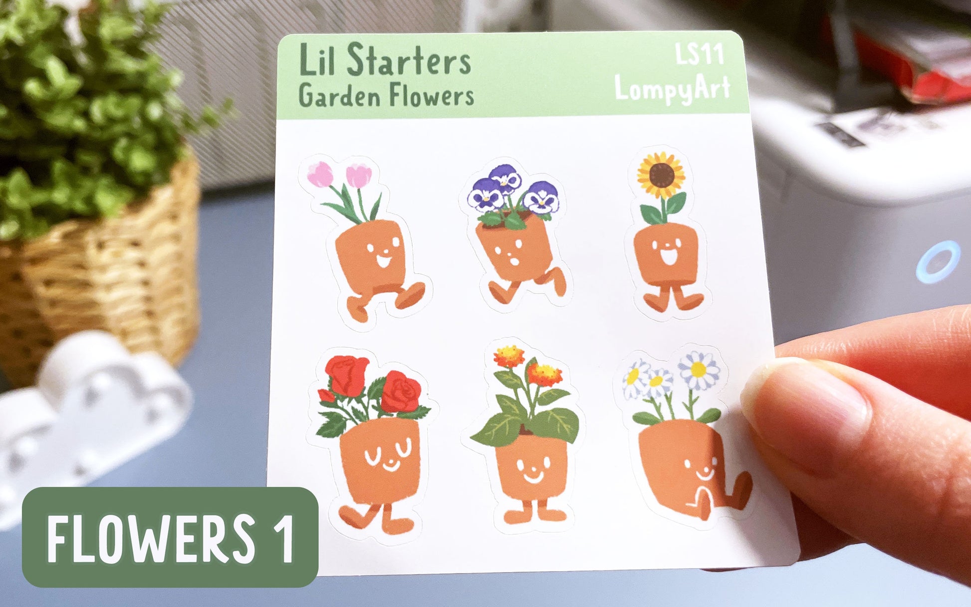 Garden Flower Stickers | Lil Starters | mini sticker sheet plant lover labels gift potted kawaii cute garden tulip daisy rose geranium pansy