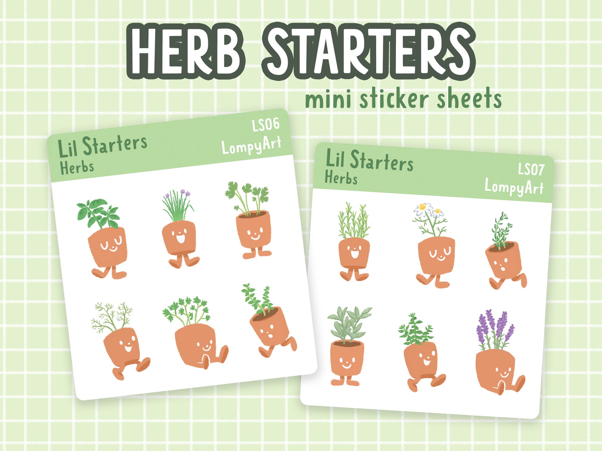 Herb Plant Stickers | Lil Starters | mini sticker sheet plant lover labels gift potted kawaii cute garden sage lavender basil oregano mint